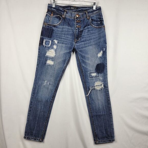 28 ONLY Gwen European distressed OOAK artisan Boyfriend loose fit blue JEANS 32 - Picture 1 of 15